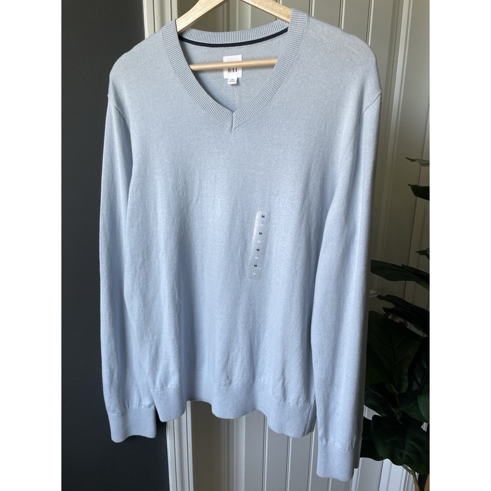 GAP Men's M Blue Solid V-Neck Knit Cotton Pullover Sweater NWT